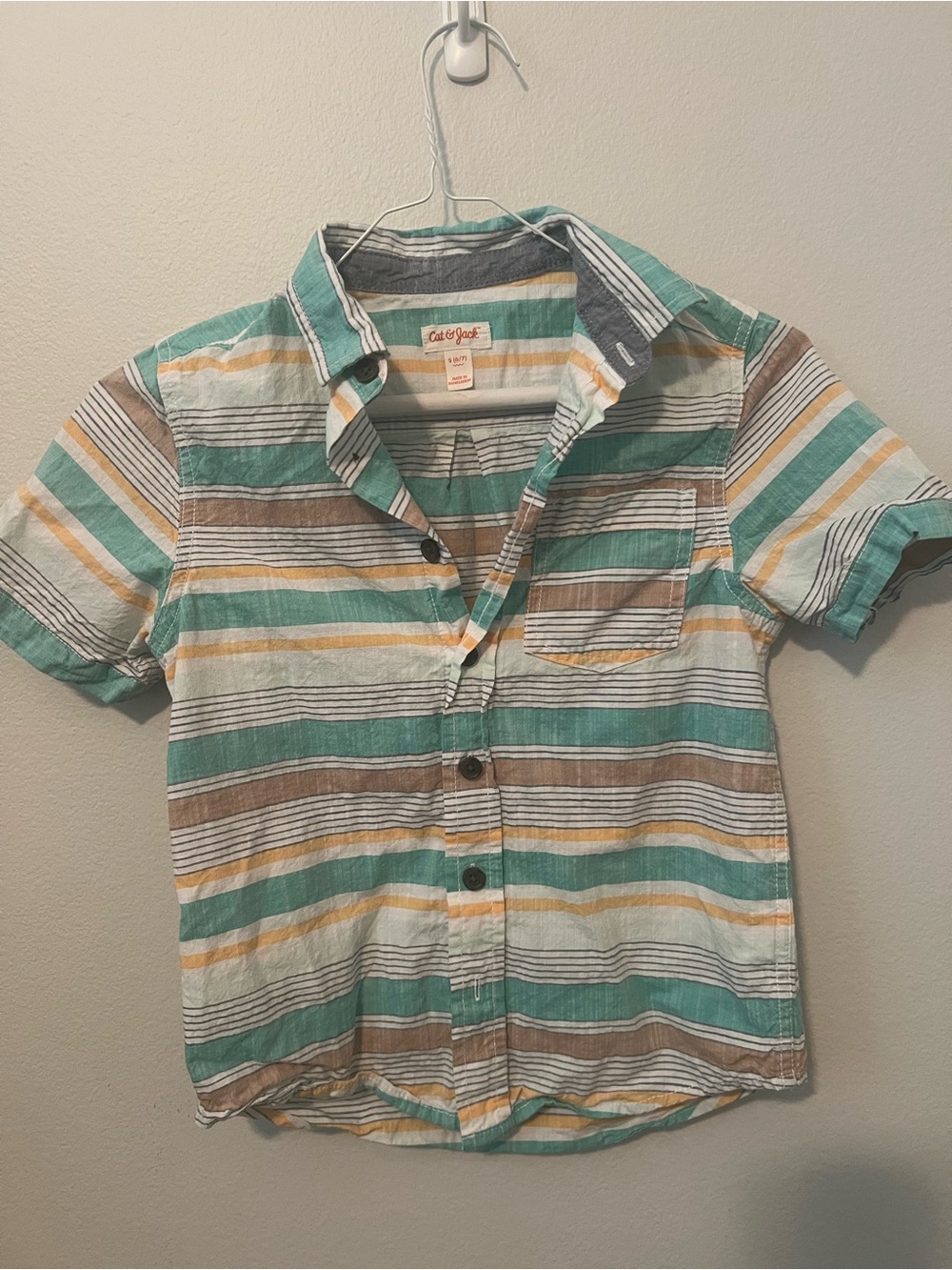 Cat & Jack Striped Short-Sleeve Button-Down Shirt in Green, Brown, Yellow, White